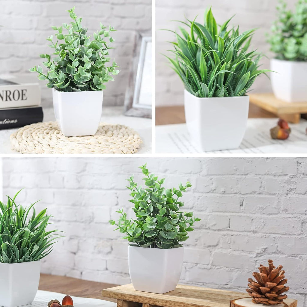 2 Mini Artificial Potted Plants in White Pots.