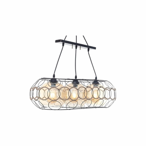 Modern oval metal and linen chandelier with rings, 3 bulbs