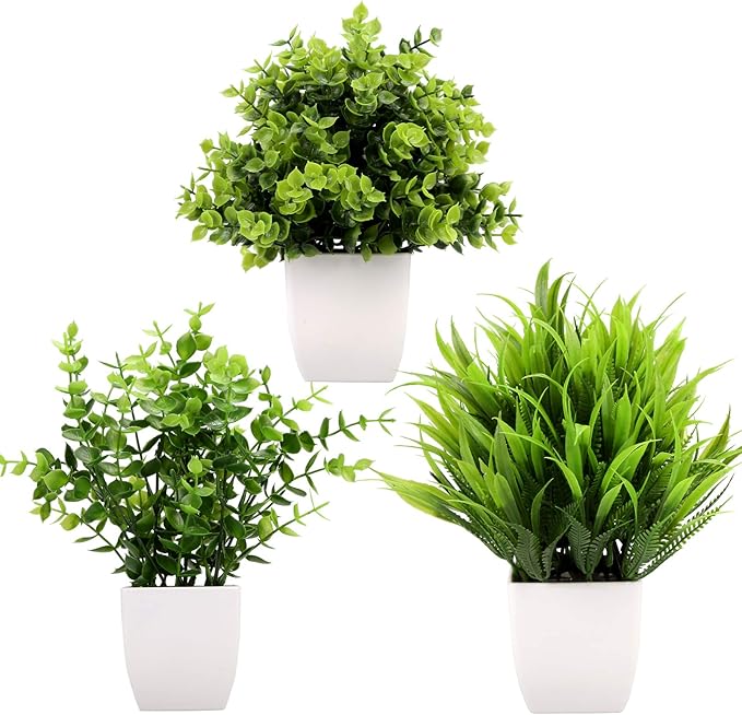 3-Pack Mini Faux Plants – Eucalyptus & Wheat Grass.