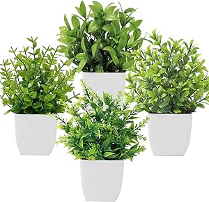 4 Pieces Artificial Plants Mini Green Artificial Plants Potted Plastic Fake Plants for Home Farm Office Table Decoration