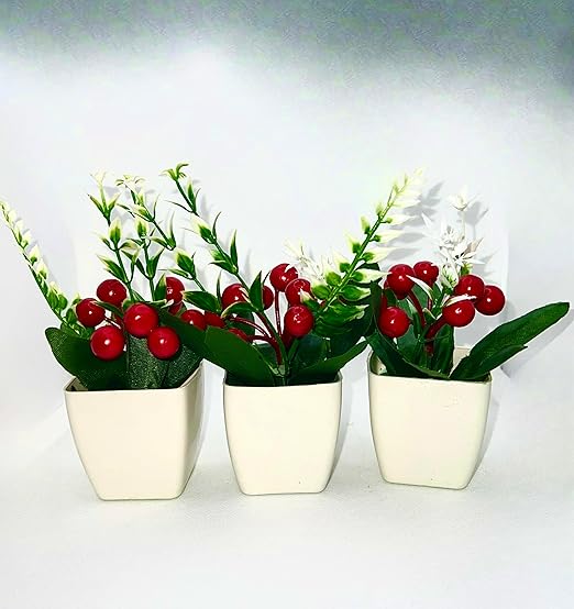 3pcs Artificial Plants with Red Cherries in Small Vases